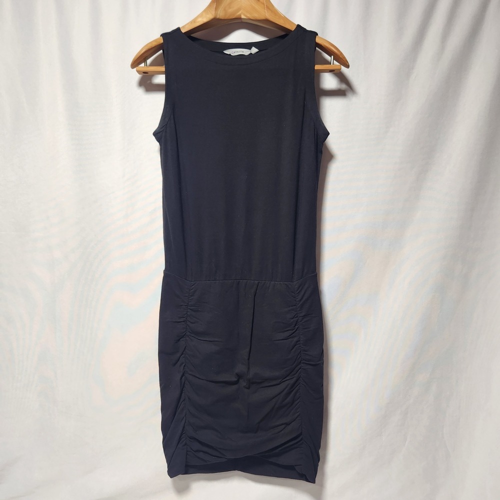 Athleta Westwood Bodycon Black Ruched Sleeveless Dress Cotton Modal XS 138812